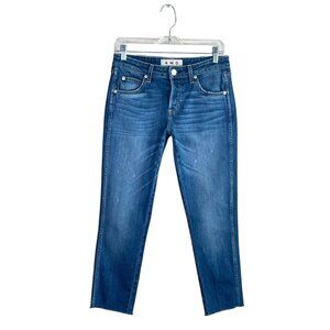 AMO Denim TOMBOY Crop Button Fly Raw hem in Dive Bar Wash